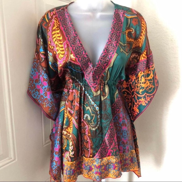 Hale Bob silk boho bubu mumu butterfly top blouse flare bell short sleeve fairy